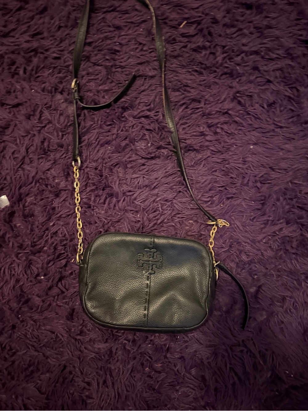 Tory Burch Black Pebbled Leather Crossbody with Gold Chain